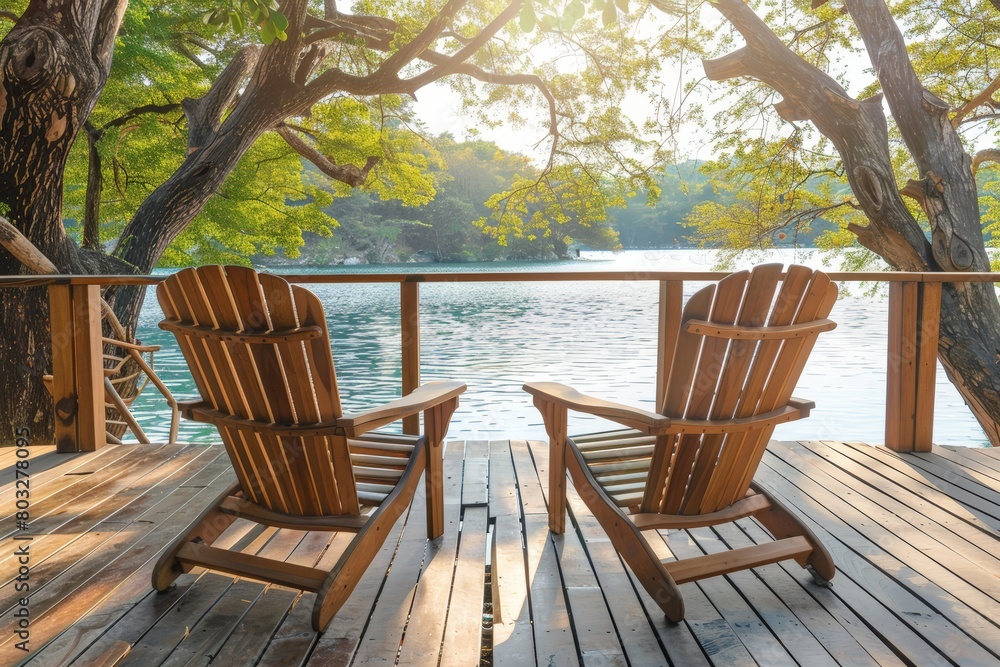 Two sturdy wooden chairs are placed neatly on top of a wooden deck, creating a simple seating arrangement in an outdoor setting Two sturdy wooden chairs are placed neatly on top of a wooden deck, creating a simple seating arrangement in an outdoor setting