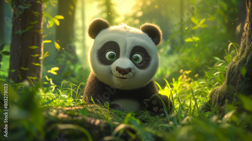 Cute panda character  in forest. Children illustration