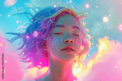 A woman with closed eyes and flowing hair  suitable for beauty or relaxation concepts