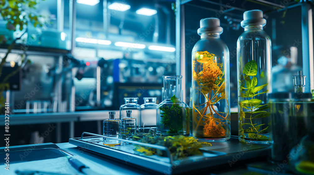 A laboratory creating synthetic life forms for environmental. Biochemistry, Green plants in glass jars, Clarity and freshness with leaves and water light
A laboratory creating synthetic life forms for environmental. Biochemistry, Green plants in glass jars, Clarity and freshness with leaves and water light