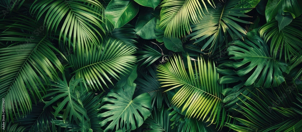 Flat lay view of tropical palm leaves from above