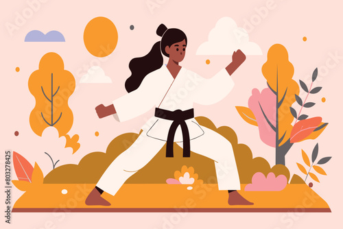 A woman in a karate uniform performs a stance amid fall foliage