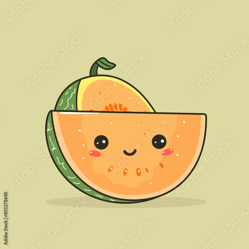 A cartoon drawing of a smiling orange melon with a green stem