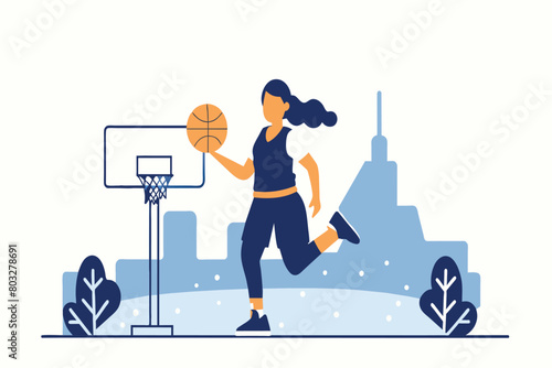 Animated female basketball player dribbles in urban park setting