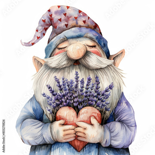 A cute watercolor gnome holding a heart-shaped bouquet of lavender. The gnome is wearing a blue hat with red heart pattern and a white beard. photo