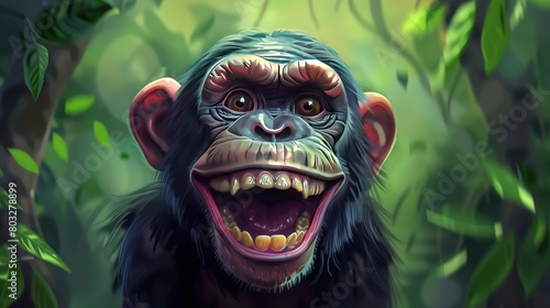 Funny chimpanzee with big teeth a wide sweet smile in jungle. AI generated image