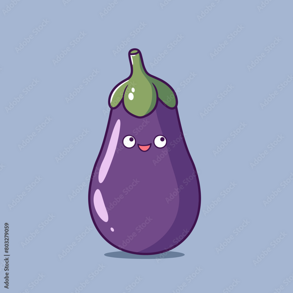 A cartoon of a purple eggplant with a green stem and a smiling face A cartoon of a purple eggplant with a green stem and a smiling face