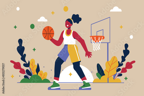 A woman dribbles a basketball by an outdoor hoop