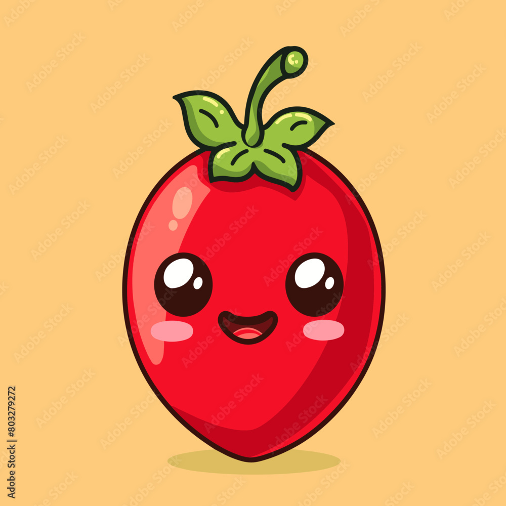 A cartoonish red Goji berry with a green leaf on top A cartoonish red Goji berry with a green leaf on top