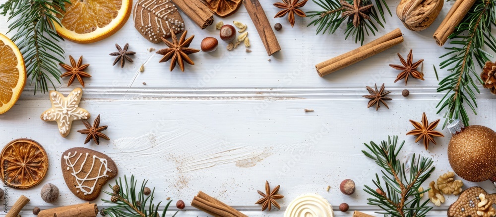 An overhead view of a Christmas-themed border or frame featuring a variety of spices, nuts, orange slices, and speculoos cookies displayed on a white wooden surface with pine branches An overhead view of a Christmas-themed border or frame featuring a variety of spices, nuts, orange slices, and speculoos cookies displayed on a white wooden surface with pine branches