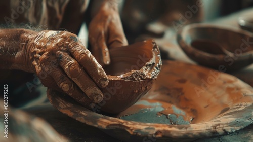 Skilled craftsman meticulously shaping a clay pot on a potter's wheel in a rustic workshop photo