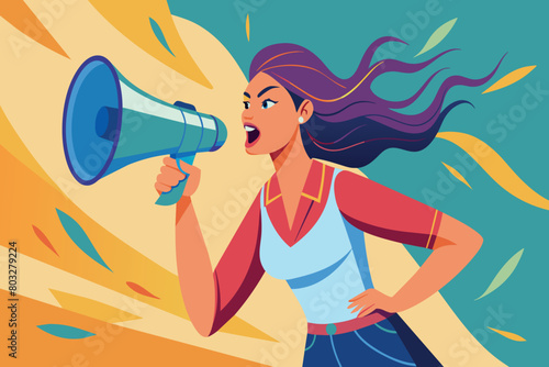 Animated, determined woman speaking into a megaphone with dynamic background