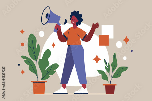 Smiling young woman with a megaphone surrounded by decorative elements