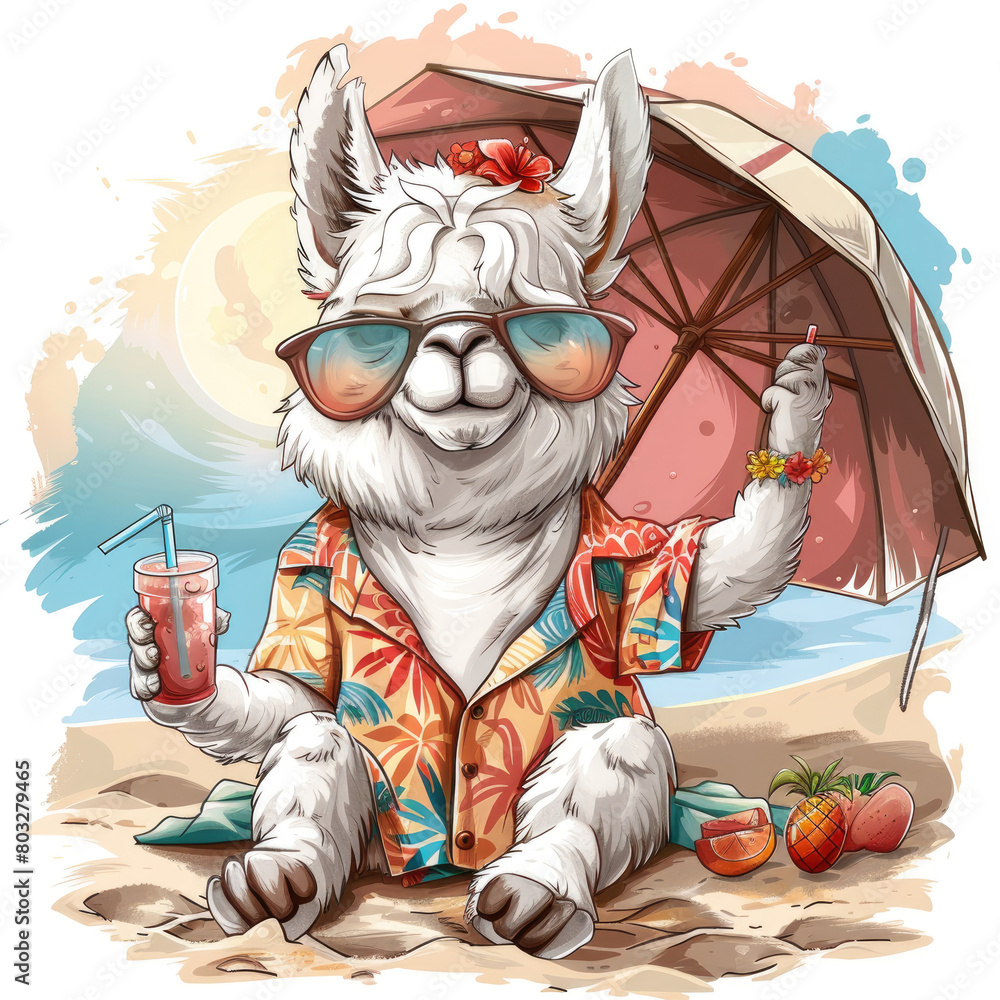 Fototapeta premium A llama wearing sunglasses and a hawaiian shirt is sitting on the beach, drinking from a coconut