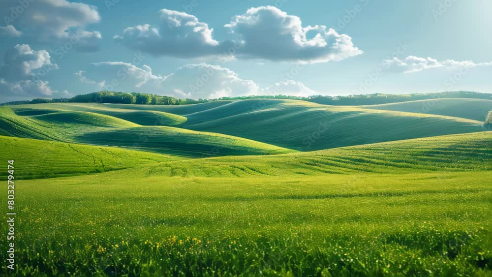 The field sowed by recently evolved green plants. Against the canvas of a cerulean sky, white clouds gracefully drift over the majestic mountains on a radiant summer day. The field sowed by recently evolved green plants. Against the canvas of a cerulean sky, white clouds gracefully drift over the majestic mountains on a radiant summer day.