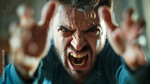 Aggressive male with intense angry facial expression yelling or screaming in confrontation or intense conflict photo