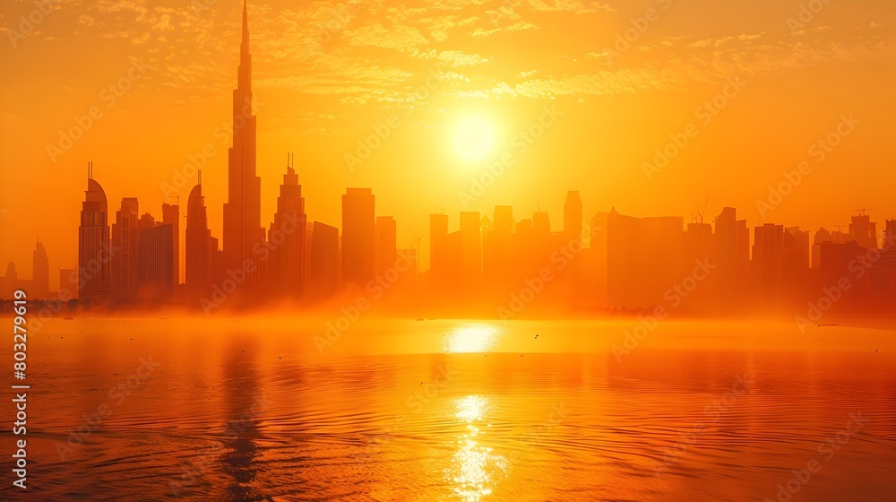 Breathtaking Cityscape Skyline During Dramatic Heatwave Sunset over Reflecting Waters