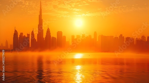 Breathtaking Cityscape Skyline During Dramatic Heatwave Sunset over Reflecting Waters