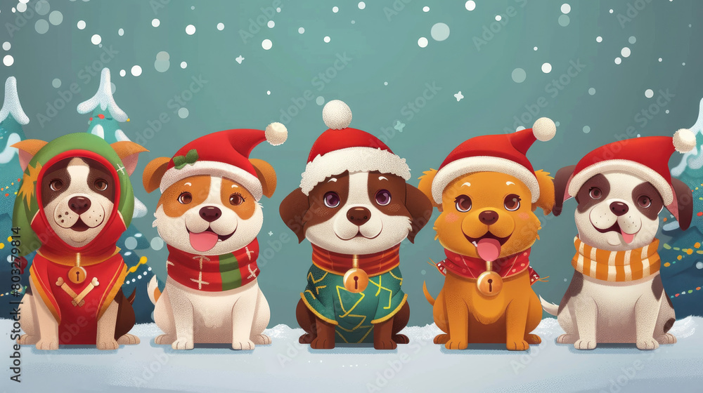 Cute puppies in Christmas costumes are sitting in the snow. They are wearing Santa hats and scarves. The background is a winter landscape with snow-covered trees.