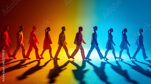 Diverse Group Walking Together in Vibrant Rainbow Silhouette