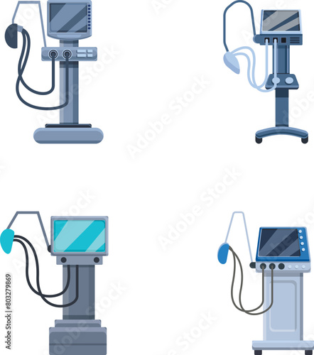 Icu ventilator icons set cartoon vector. Medical therapy for lung ventilation. Life support or resuscitation