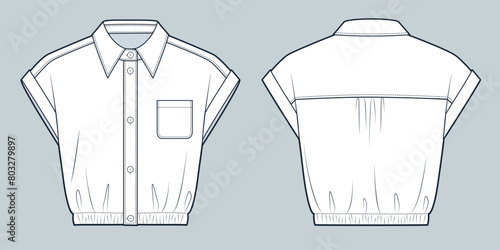  Collared Shirt technical fashion Illustration.  Short Sleeve Crop Shirt fashion flat technical drawing template, button, elastic bottom, front and back view, white, women, men, unisex CAD mockup set.