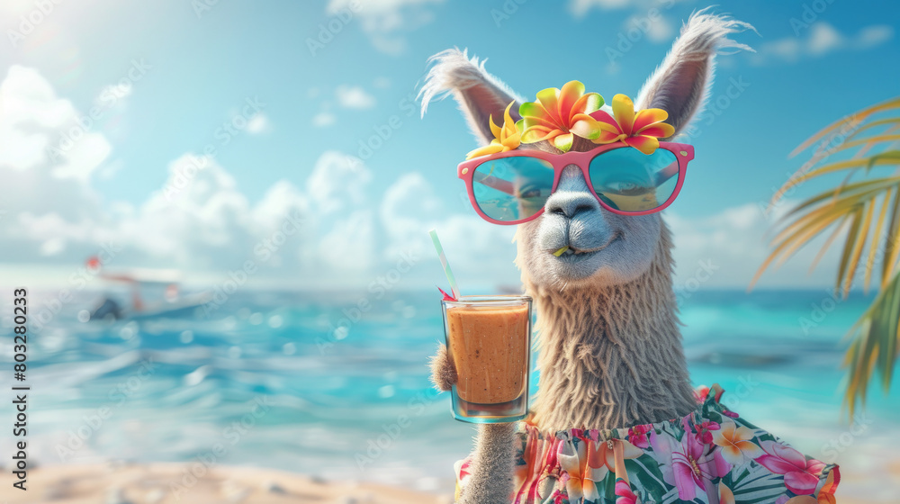 Fototapeta premium Relaxing on the beach with a llama.