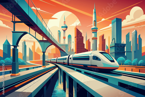 A modern train travels on elevated tracks in a colorful, futuristic city at dusk