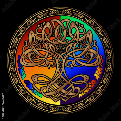 Yggdrasil tree of life Celtic sacred symbol. Celtic astronomy is a magical symbol of rebirth, positive energy and balance in nature. Vector tattoo, logo, print.