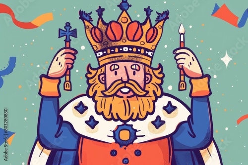 Cartoon illustration of a king holding a sword. Suitable for historical  fantasy  or educational themes