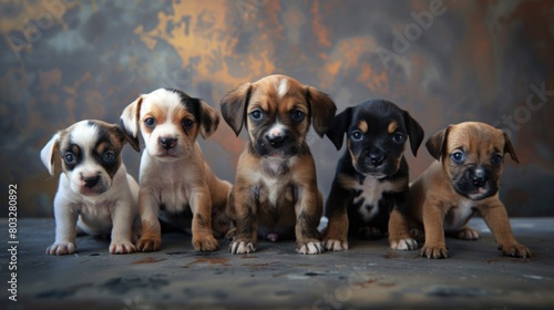 Cute puppies sitting in a row, perfect for pet-related projects © Fotograf