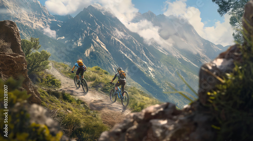 Two cyclists pedal on a serene trail amidst the epic scenery of the Alpine mountain range, embodying endurance and exploration © Armin