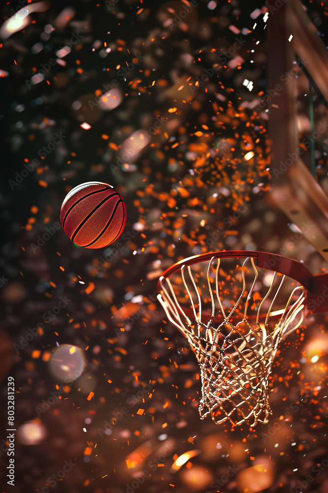 Dynamic basketball shot at the hoop with sparks. Dynamic basketball shot at the hoop with sparks.