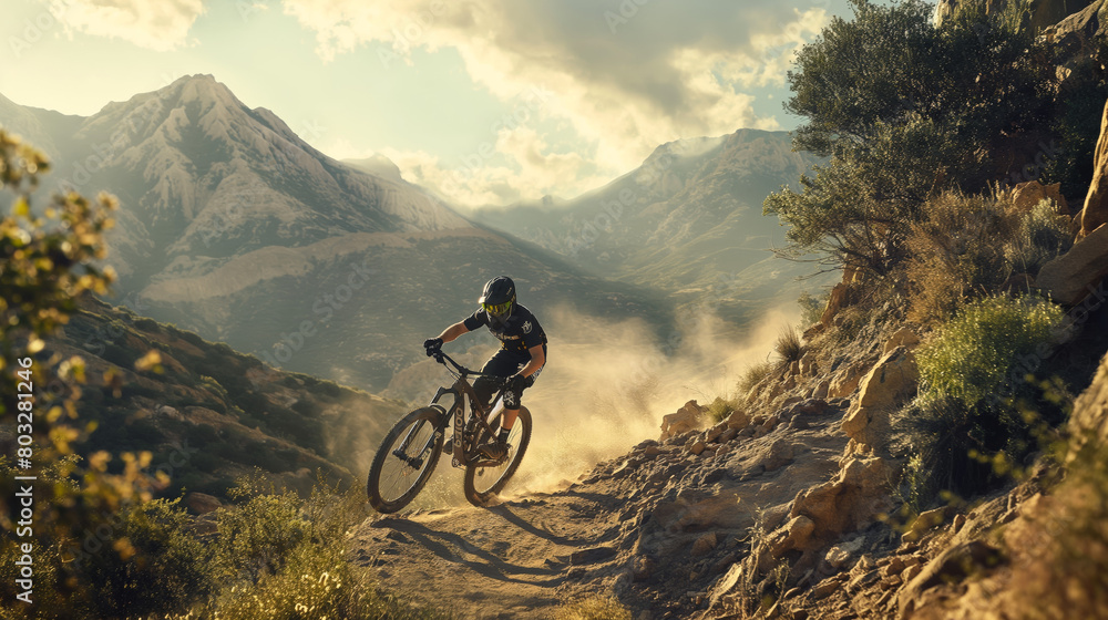 A mountain biker skillfully descends a dusty, rocky trail at sunset, evoking a sense of thrill and mastery of the sport