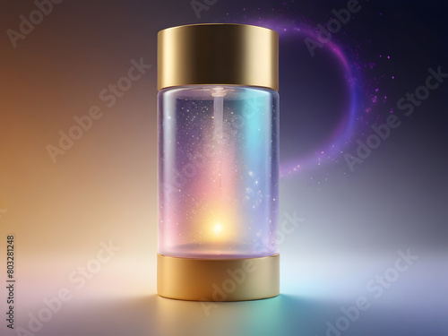 cylindrical skin care product, commercial art, dreamy light effects, magical light refraction