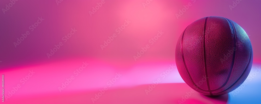 A basketball on a neon pink and blue background with ample copy space. A basketball on a neon pink and blue background with ample copy space.