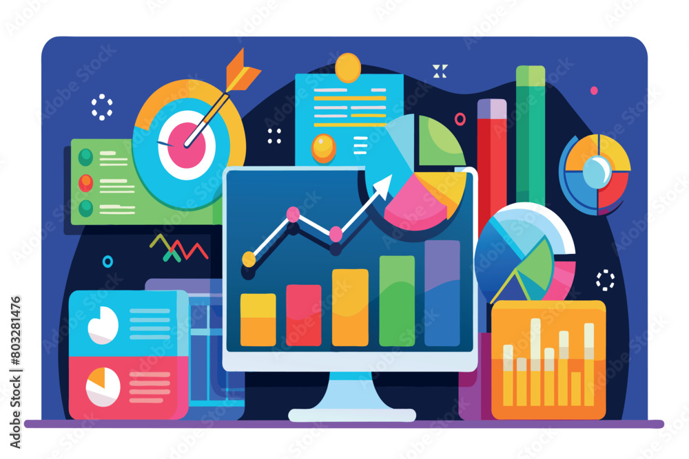 A vibrant graphical representation of data analytics on a screen surrounded by charts and graphs A vibrant graphical representation of data analytics on a screen surrounded by charts and graphs