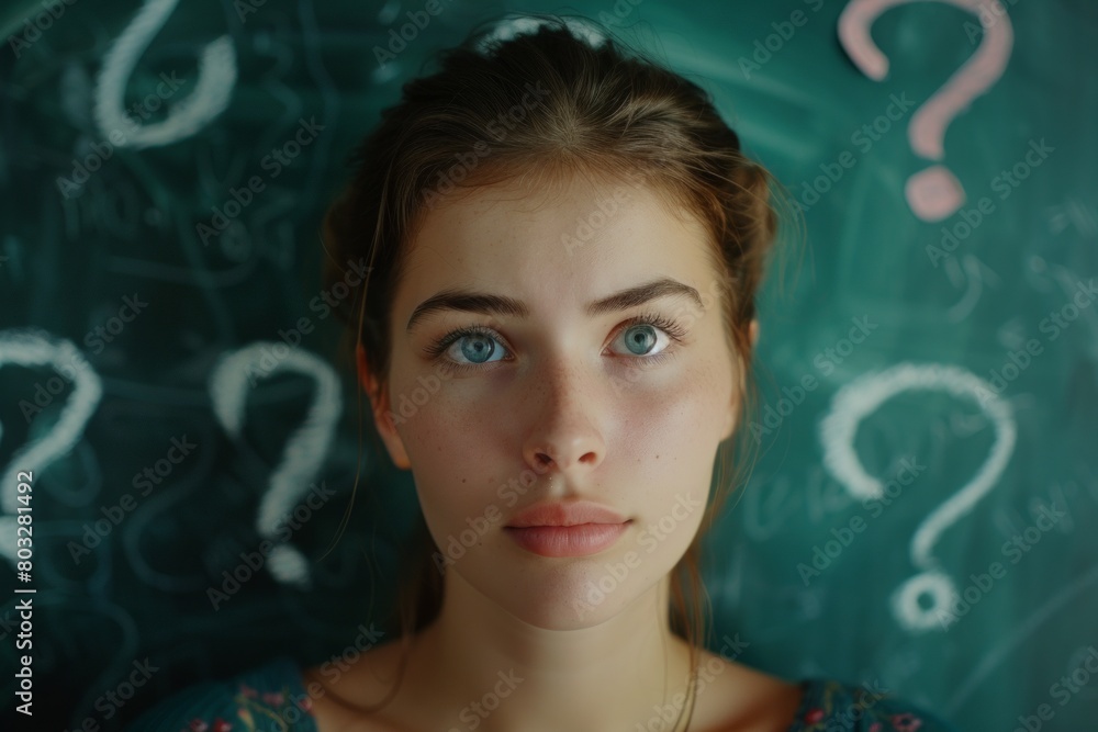 Young girl with question mark on a green background, generative AI Young girl with question mark on a green background, generative AI