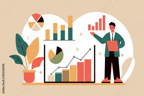 Animated character presenting statistical data with colorful charts
