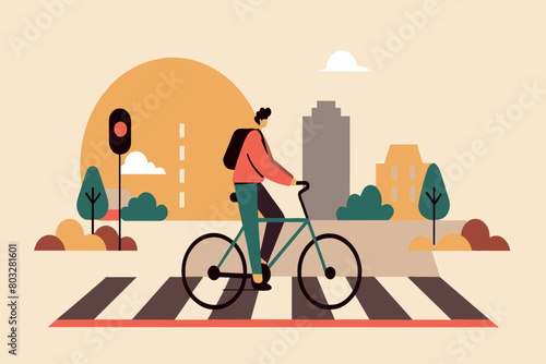 Cyclist crossing street at dusk with a warm sky backdrop