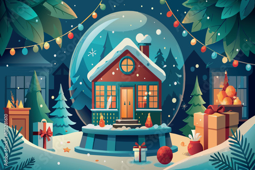 Cozy snow-covered cottage nestled within a magical snow globe, adorned with gifts and lights