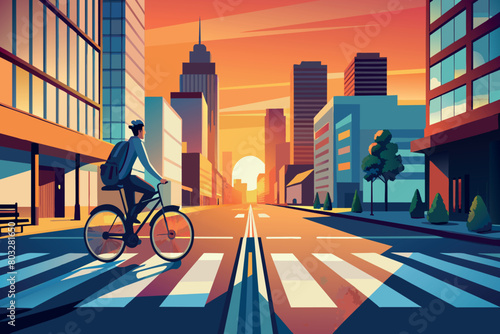 A person biking across the zebra crossing during a vibrant city sunset