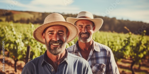Senior farmers in  straw hat working in vineyard. Posing. Generative AI. © Nadejda