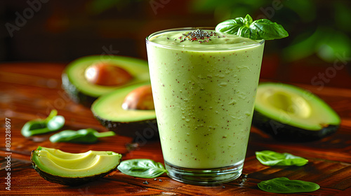 A Refreshing Avocado Smoothie Served in a Glass,
Avocado smoothie and flax seeds and nuts. On a wooden background. 
