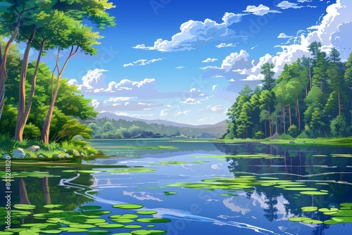 A depiction of a tranquil lake nestled among a dense forest of trees, creating a serene and natural landscape © pham
