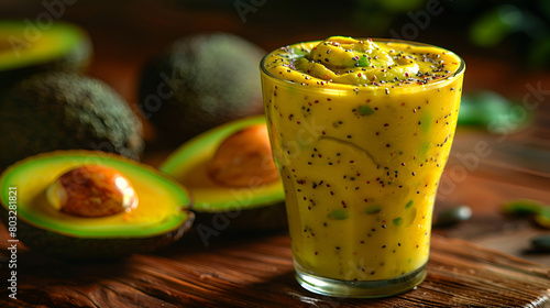 A Refreshing Avocado Smoothie Served in a Glass,
Avocado smoothie and flax seeds and nuts On a wooden background Free space for text Top view

