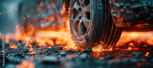 Close-up view of car tires that is damaged in accident. Car is burning. photo