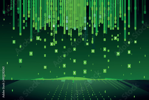 Streams of green code cascading in a digital space