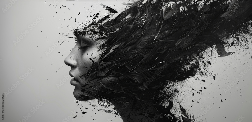 A grayscale portrait of a woman with long hair made of feathers. A grayscale portrait of a woman with long hair made of feathers.