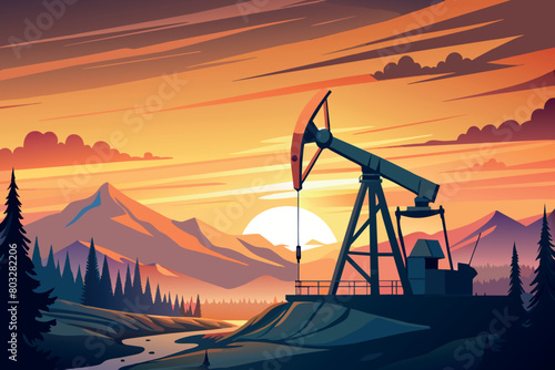 An oil pump jack operates against a vibrant sunset backdrop with mountains